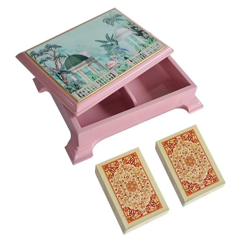 CRAFTSLANE Wooden Playing Cards Box Case Tash Holder with 2 Deck Card Organizer Box Gift Box (17.8 x 16 x 11.7 cm) (Flamingo Whispers Playing Card Boxes) - Image 1