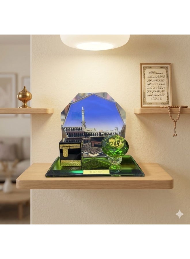 Luxury crystal Kaaba figurine crafted from high-quality crystal. Elegant design featuring a green gemstone and a depiction of the Holy Mosque (Al-Masjid Al-Haram), ideal for decoration and gifting, and comes in a protective cardboard gift box suitable for presentation. - Image 2