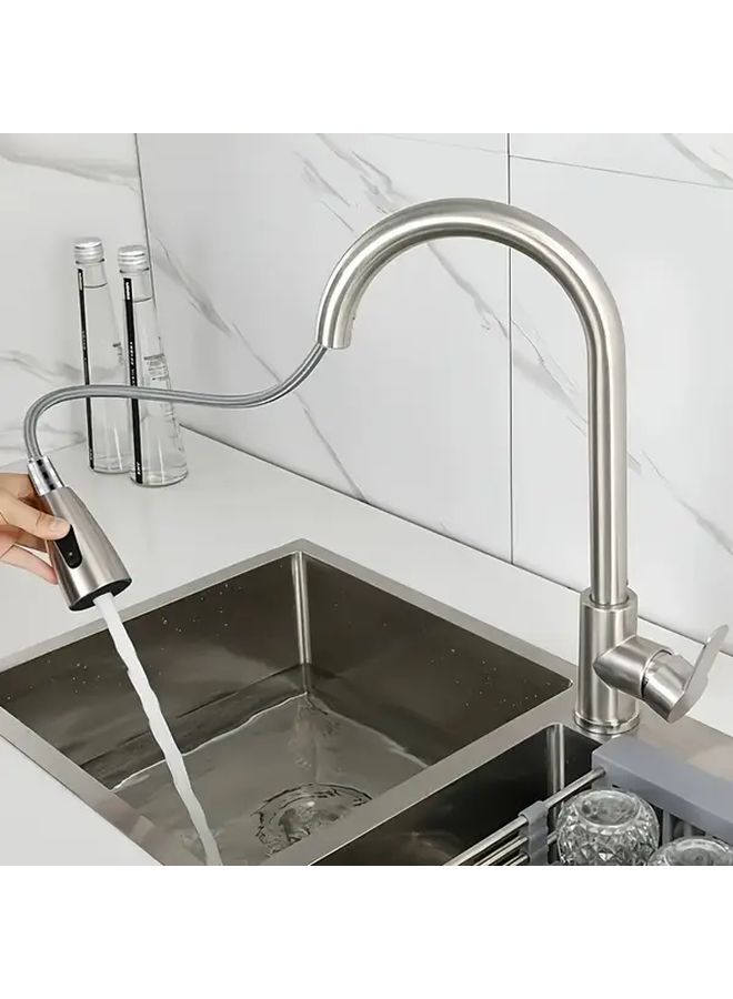 Modern Stainless Steel Pull Out Kitchen Faucet In Silver Hot And Cold Mixer Set With Rotating Splash Resistant Design Smooth Chrome Finish - Image 2