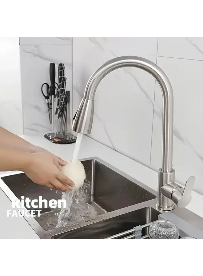 Modern Stainless Steel Pull Out Kitchen Faucet In Silver Hot And Cold Mixer Set With Rotating Splash Resistant Design Smooth Chrome Finish - Image 1