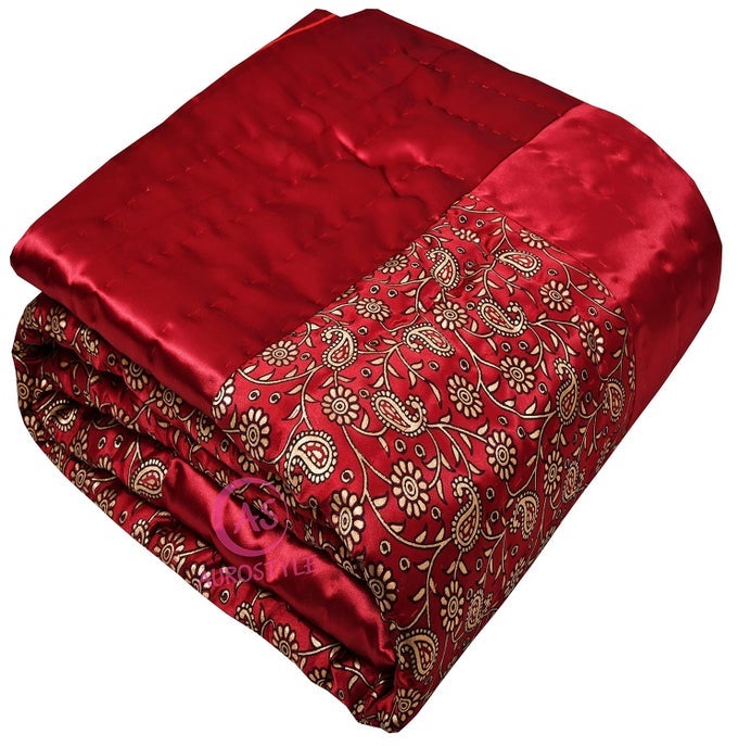 RAJASTHANI COTTON FILLED LIGHT WEIGHT SILK SOFT JAIPURI AC QUILTRAZAI DOHAR OVER ALL FLORAL PRINT DESIGN WITH GOLD PRINT QUILTS BLANKETS FOR HOME 85X100 INCHRED JAAL PRINT DOUBLE BED