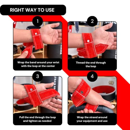Aurion by 10Club Premium Genuine Leather Wrist Strap for Gym - 1.5" Band, 19" Length, Lifting Straps, Wrist Support for Gym Workout, Suitable for Men and Women - Red - Image 2