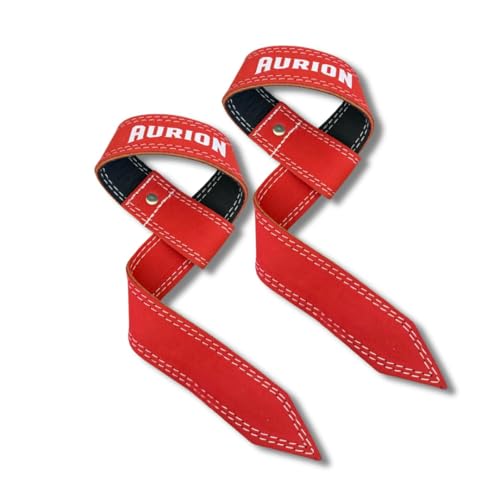 Aurion by 10Club Premium Genuine Leather Wrist Strap for Gym - 1.5" Band, 19" Length, Lifting Straps, Wrist Support for Gym Workout, Suitable for Men and Women - Red - Image 1