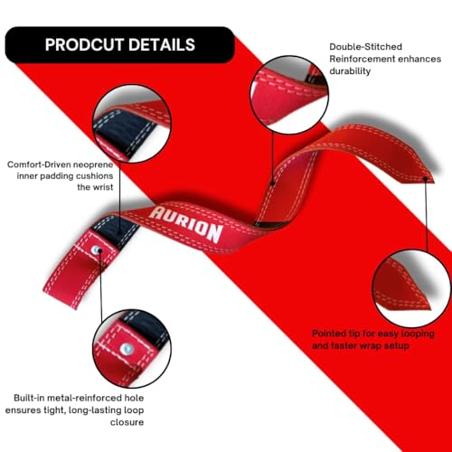 Aurion by 10Club Premium Genuine Leather Wrist Strap for Gym - 1.5" Band, 19" Length, Lifting Straps, Wrist Support for Gym Workout, Suitable for Men and Women - Red - Image 4