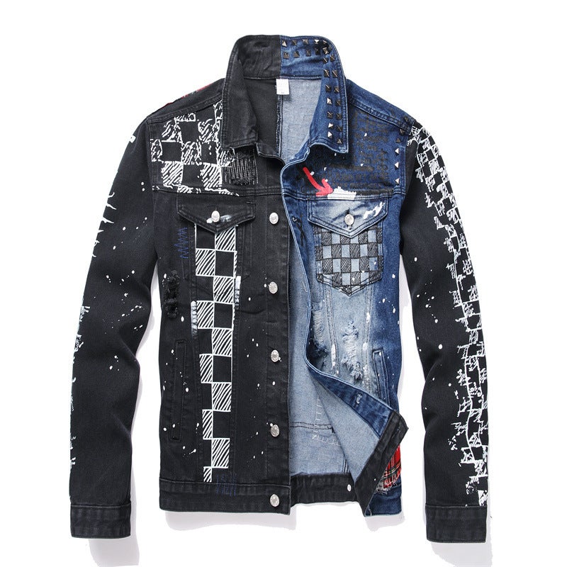 New 2024 Spring Mens Wear Black Color Block Printing Denim Cardigan Lapel Male Casual Vest Motorcycle Rider Jacket Picture color