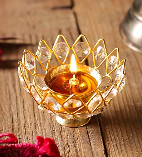 Puja N Pujari Puja N Pujari Lotus Shape Crystal Akhand Diya Jyothi Oil Deepam Brass for Puja Home Decor Small  - Image 1