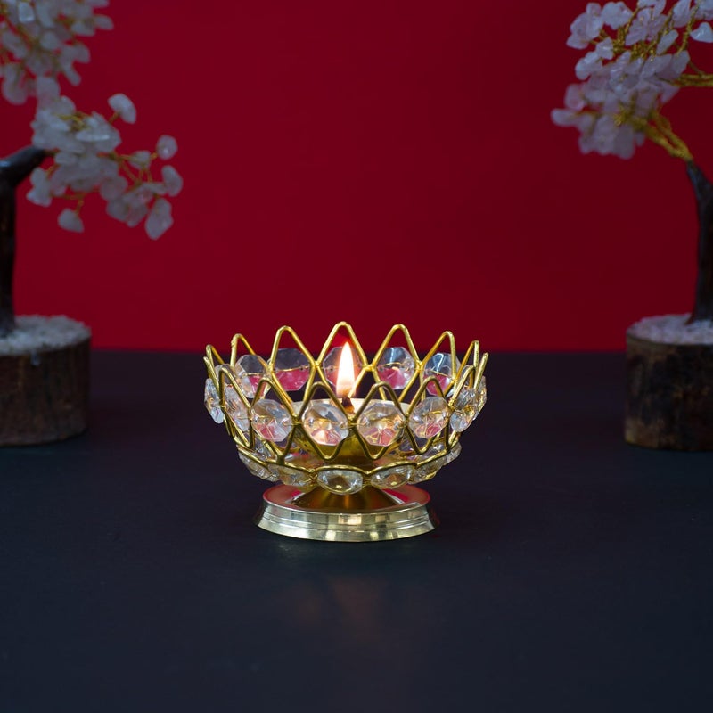 Puja N Pujari Puja N Pujari Lotus Shape Crystal Akhand Diya Jyothi Oil Deepam Brass for Puja Home Decor Small  - Image 2