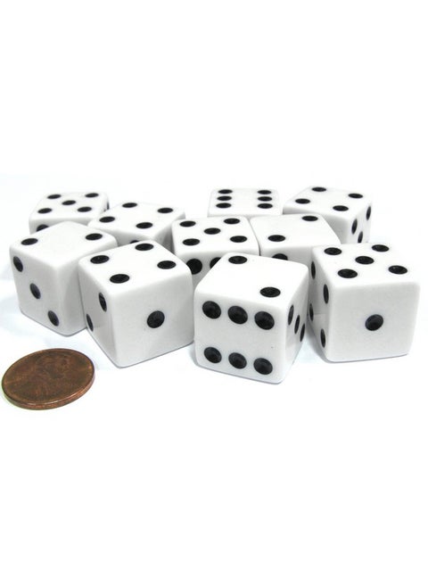 Set of 10 Large Six Sided Square Opaque 19mm D6 Dice - White with Black Pip Die