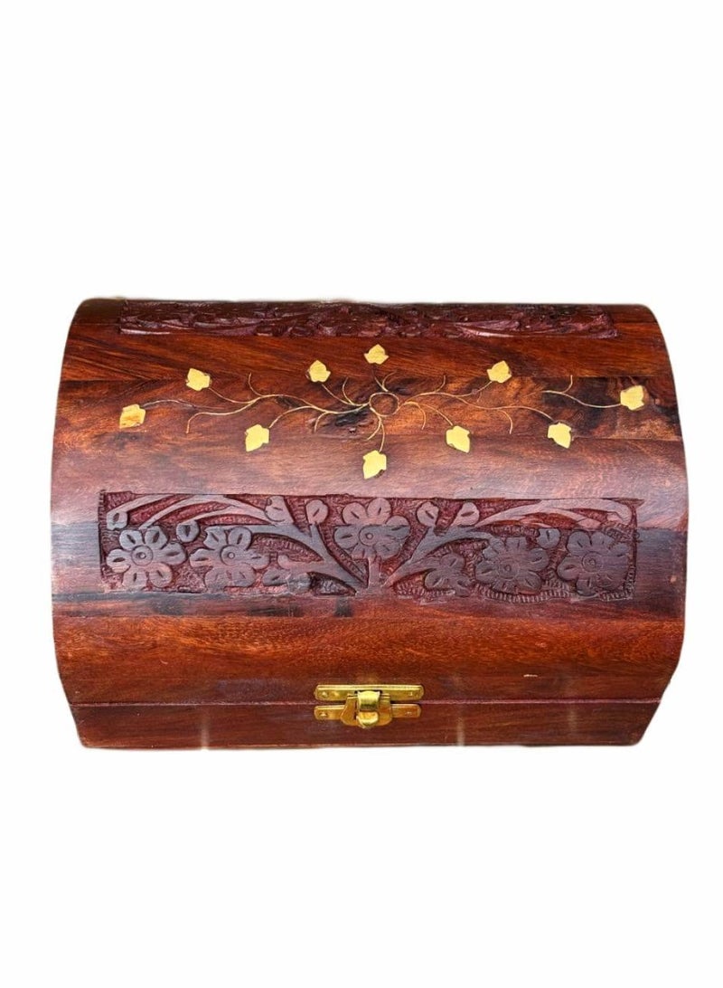 Handmade Indian Sheesham Wood Box/Shakmajiya - Inlaid with Brass with Lock | Size 17 x 12 x 10 cm - Image 2