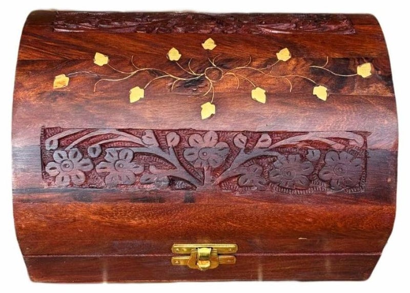 Handmade Indian Sheesham Wood Box/Shakmajiya - Inlaid with Brass with Lock | Size 17 x 12 x 10 cm - Image 1