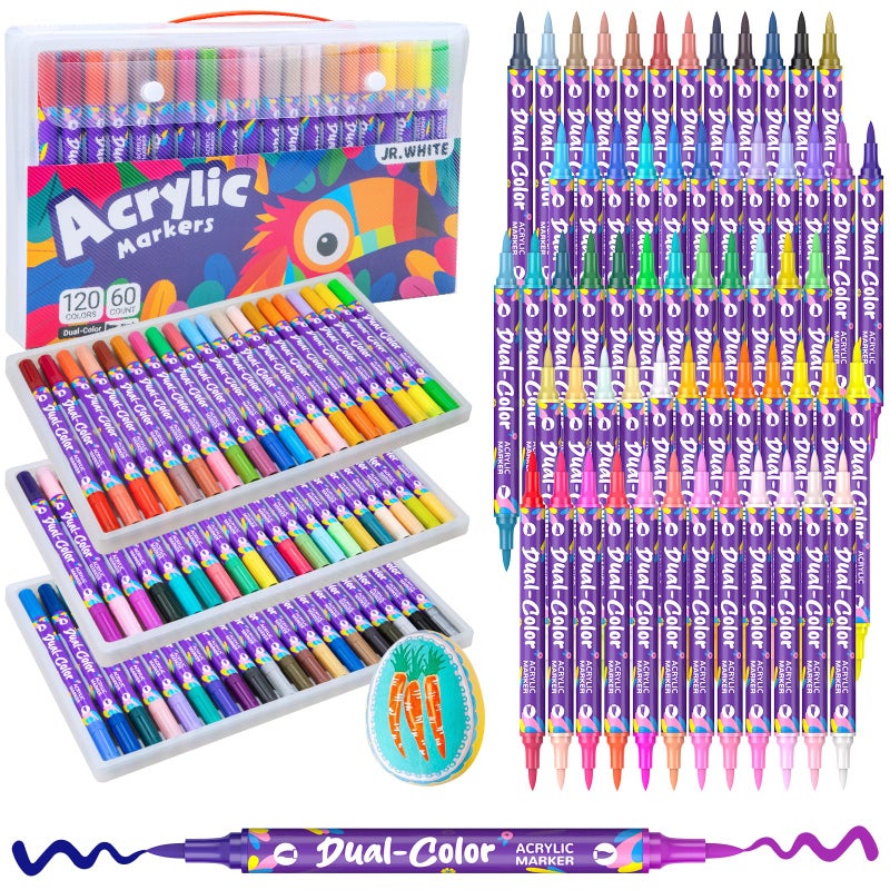 JR.WHITE 120 Colors Acrylic Markers for Coloring Books No Bleed: 60 Dual Brush Tip Paint Pens Set, Acrylic Paint Markers for Coloring Book,Easter Egg,Rock,Wood,Ceramic, Scrapbook & Art Supplies Kit - Image 1