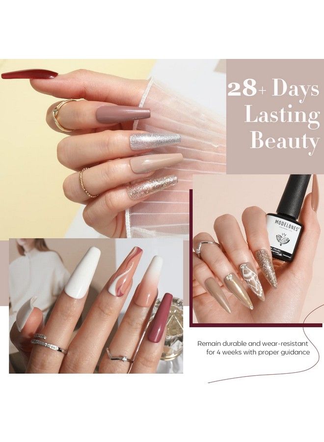 modelones طقم طلاء أظافر جل شبه عاري 6 ألوان شتوي أبيض بني لمعة بورغندي أحمر شمبانيا ذهبي فضي بني طلاء فن الأظافر طقم أساسي للنقع في المنزل هدايا للنساء دي آي واي صالون - Image 4