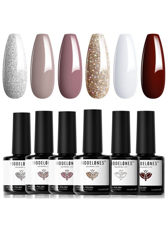modelones طقم طلاء أظافر جل شبه عاري 6 ألوان شتوي أبيض بني لمعة بورغندي أحمر شمبانيا ذهبي فضي بني طلاء فن الأظافر طقم أساسي للنقع في المنزل هدايا للنساء دي آي واي صالون - Image 1