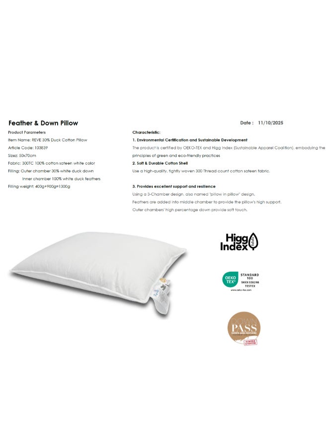 REVE Rectangular Duck Feather and Down Fill Cotton Pillow White 50 x 70 cm DOWN&FEATHER PILLOW(GO - Image 2