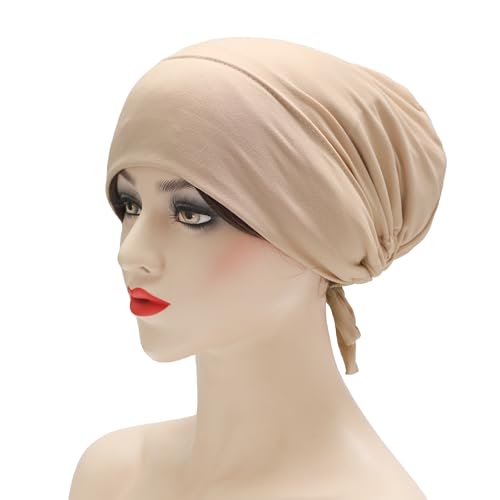 ZLYC Satin Lined Hijab Cap for Women Tie Back Hijab Undercap Inner Underscarf Hat (Solid Cream Pink) - Image 2