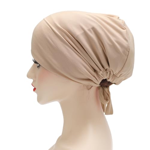 ZLYC Satin Lined Hijab Cap for Women Tie Back Hijab Undercap Inner Underscarf Hat (Solid Cream Pink) - Image 3