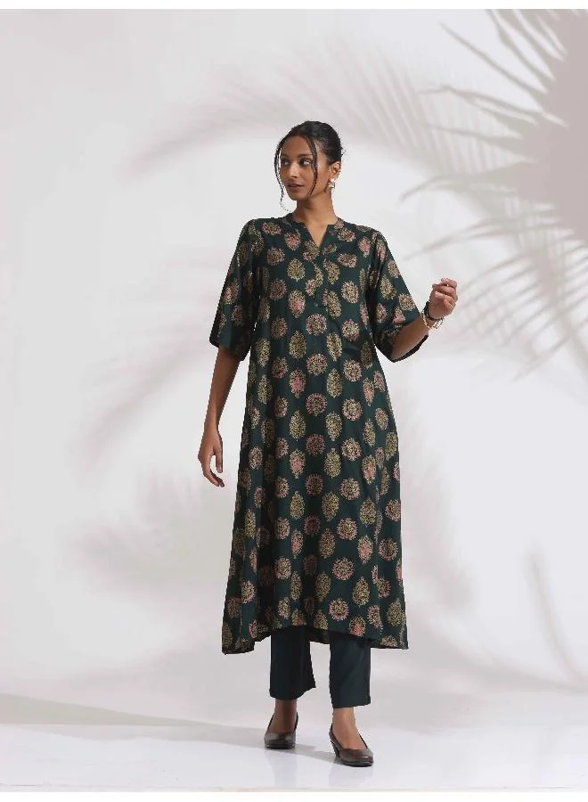 trueBrowns trueBrowns Green Foil Print Cotton Kurta Set
