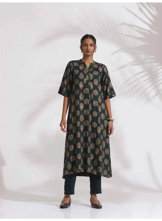 trueBrowns trueBrowns Green Foil Print Cotton Kurta Set
