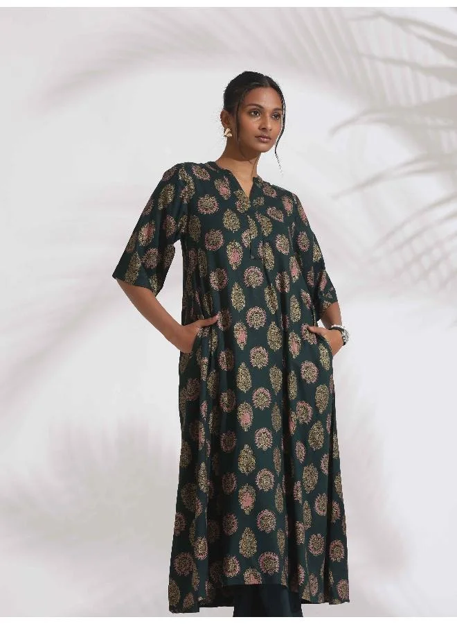 trueBrowns trueBrowns Green Foil Print Cotton Kurta Set