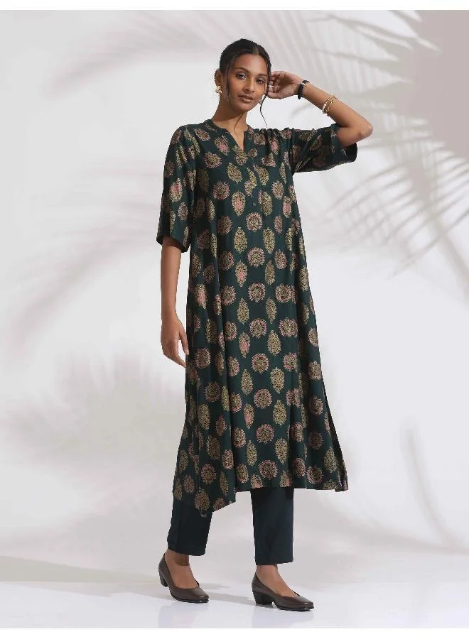 trueBrowns trueBrowns Green Foil Print Cotton Kurta Set