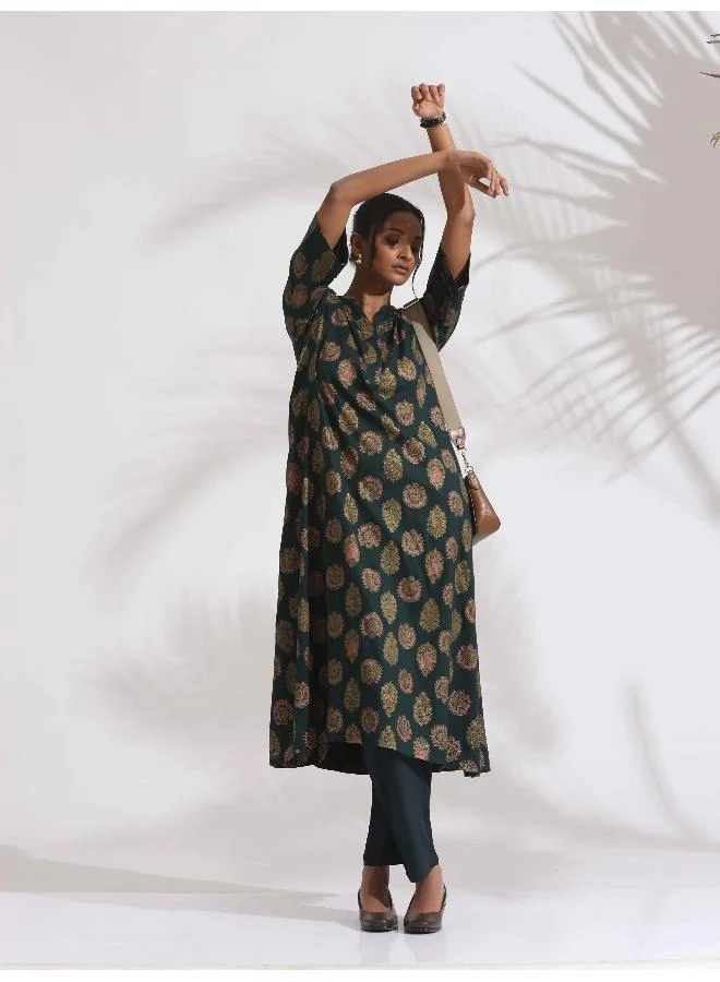 trueBrowns trueBrowns Green Foil Print Cotton Kurta Set