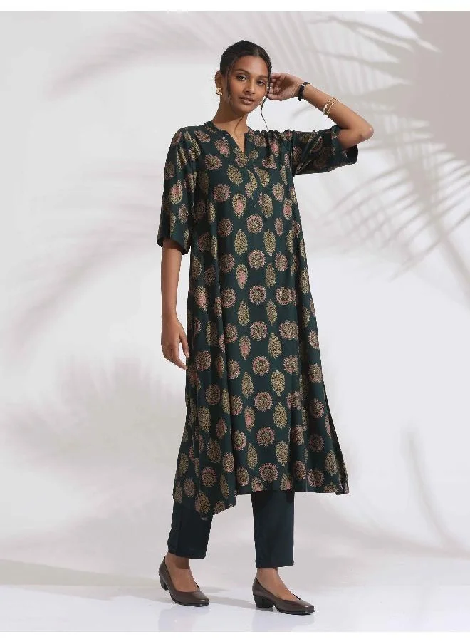 ترو برونز trueBrowns Green Foil Print Cotton Kurta Set