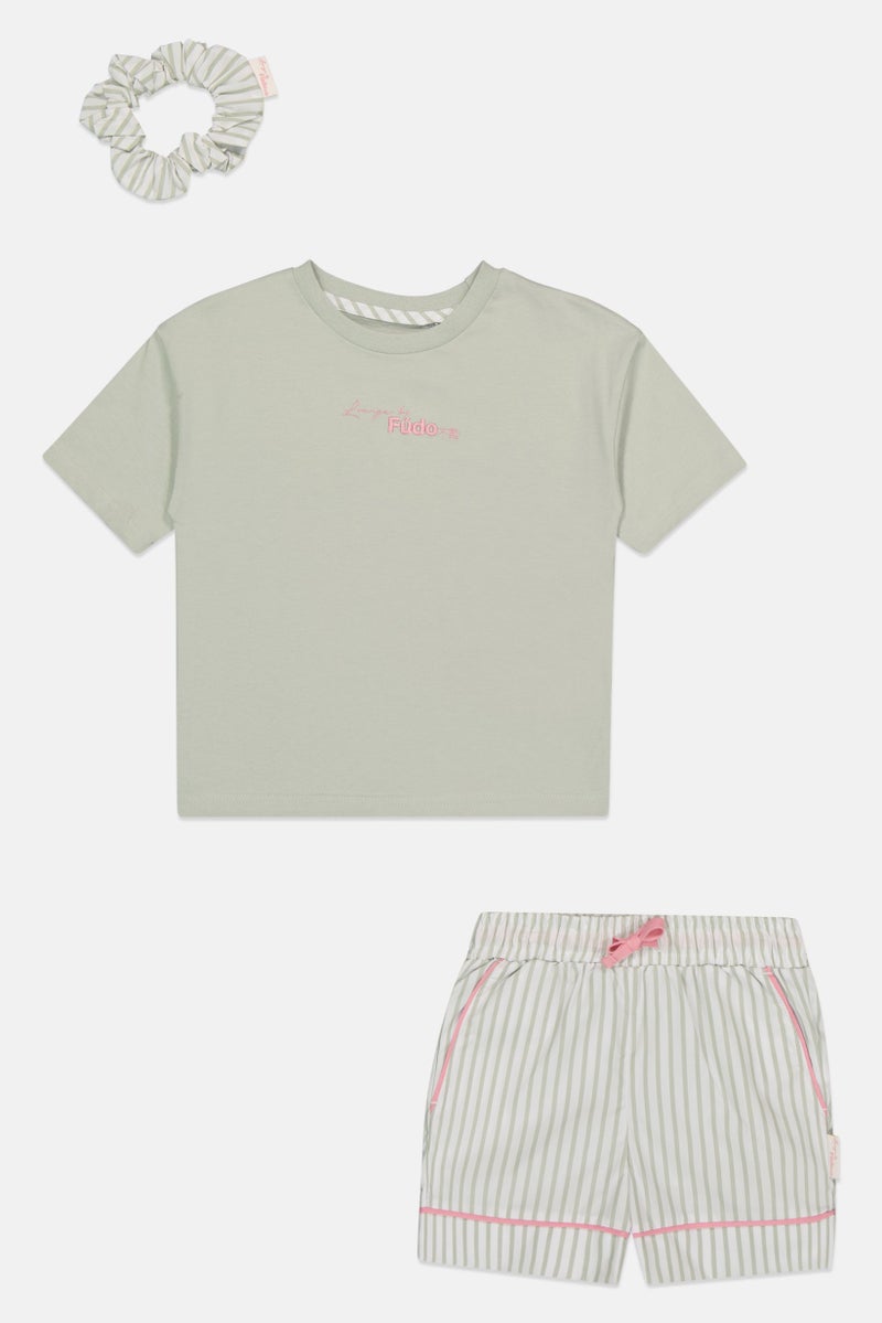 Fudo Lounge By Fudo Toddlers Girl 3 Pieces Embroidered Logo Top And Shorts With Scruchie Pyjama Set, Multicolor - Image 2