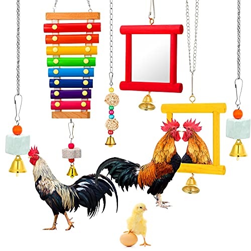 Sumind 6 Pieces Chicken Mirror Chicken Toys for Coop with Bells Hen Xylophone Toy with 8 Metal Keys Parrot Grinding Stone Sepak Takraw Toy Dangling Bird Toy - Image 1