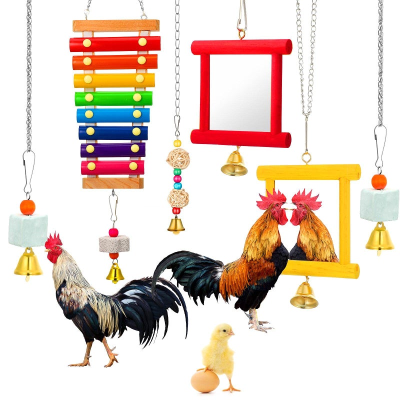 Sumind 6 Pieces Chicken Mirror Chicken Toys for Coop with Bells Hen Xylophone Toy with 8 Metal Keys Parrot Grinding Stone Sepak Takraw Toy Dangling Bird Toy - Image 2