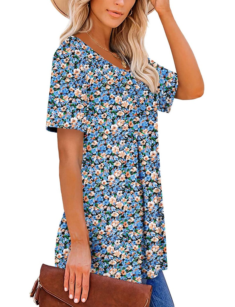 ROSELINLIN Womens Tops Blue Short Sleeve Summer Shirts V Neck Floral Pull Over Ladies Tops XL - Image 3