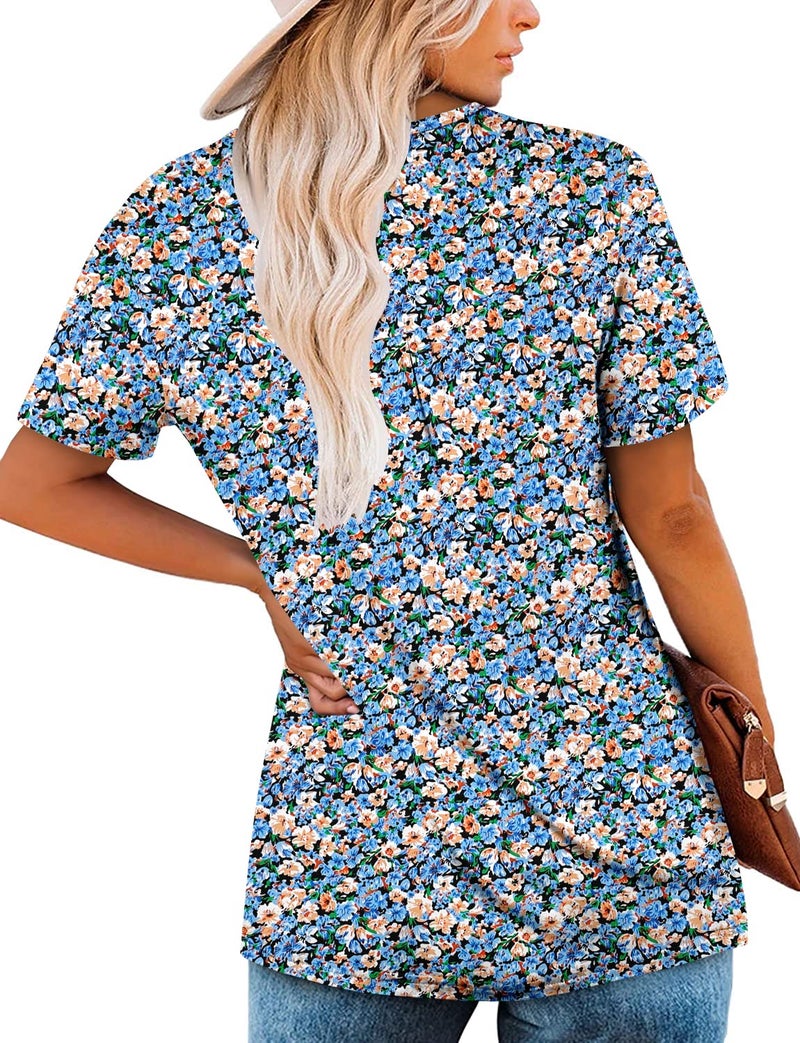 ROSELINLIN Womens Tops Blue Short Sleeve Summer Shirts V Neck Floral Pull Over Ladies Tops XL - Image 4