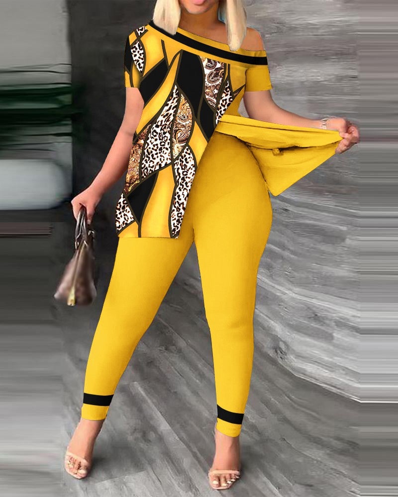 2026 Autumn European and American Women's Fashion Two-Piece Set with Slanted Neckline and Printed Pants