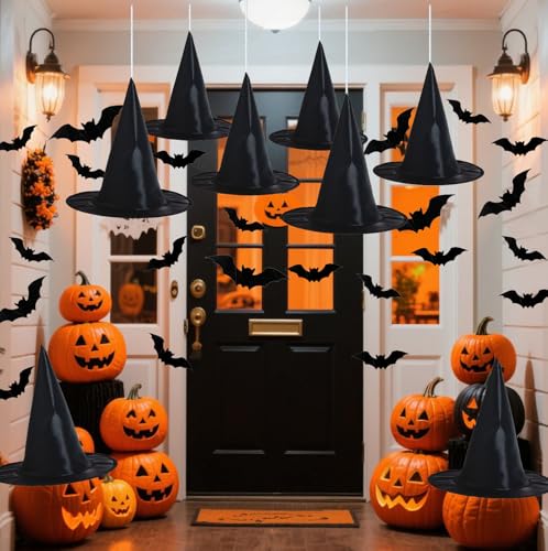 Hstyle Halloween Decorations Outdoor Indoor - 8PCS Witch Hats & 32PCS 3D Bats Decoration, Witch Hat, Witches Hat, Halloween Decor for Party Favors, Party Supplies, Porch Decor - Image 1