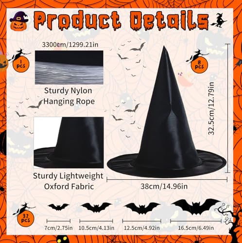 Hstyle Halloween Decorations Outdoor Indoor - 8PCS Witch Hats & 32PCS 3D Bats Decoration, Witch Hat, Witches Hat, Halloween Decor for Party Favors, Party Supplies, Porch Decor - Image 2