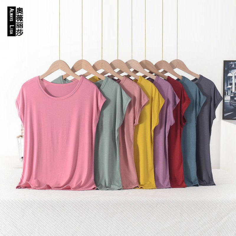 Modal T-Shirt Women'S Summer Loose Plus Size Mother'S Crewneck Short-Sleeved Top Solid Color Simple Outer Wear Base Shirt - Image 2