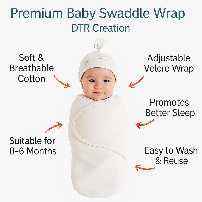 DTR Creation Baby Swaddle Wrap Blanket for Newborns | Soft Cotton Adjustable Sleeping Bag with Cap – 0-6 Months (Unisex, off White) - Image 4
