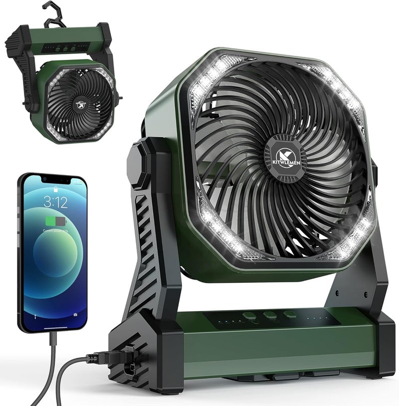 KITWLEMEN Fan with Camping Lamp, 20000mAh Desk Fan with Hook, 270° Rotation, 4 Speeds, USB Fan for Camping, Power Outage, Fishing, Hurricane - Image 1