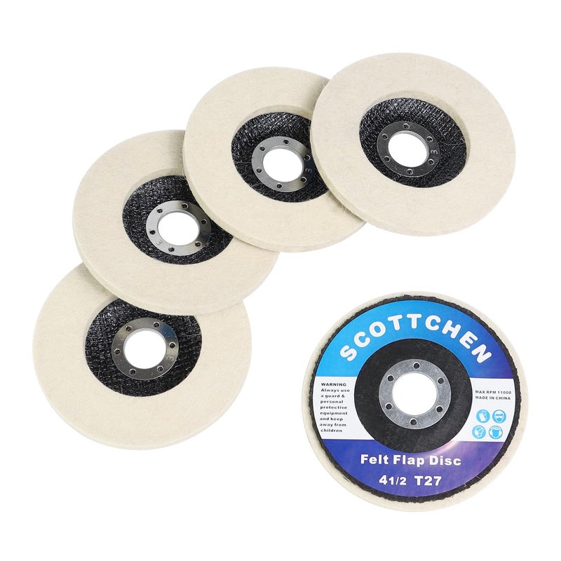SCOTTCHEN قرص تلميع من الصوف مع قاعدة من الألياف الزجاجية، 4-1/2" × 7/8" عمود، لآلة الطحن الزاوية للمعادن والألمنيوم والفولاذ المقاوم للصدأ والكروم والخشب والبلاستيك والسيراميك والزجاج - 5 عبوات - Image 1