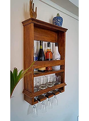 RENEWITURE RENEWITURE Wooden Wall Hanging Design Bar Bar Cabinets for Home Mini Bar for Home Solid Wood Make Wine Storage Cabinet with Glass Hanging Space  - Image 1