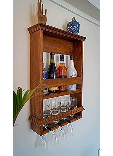 RENEWITURE RENEWITURE Wooden Wall Hanging Design Bar Bar Cabinets for Home Mini Bar for Home Solid Wood Make Wine Storage Cabinet with Glass Hanging Space  - Image 1