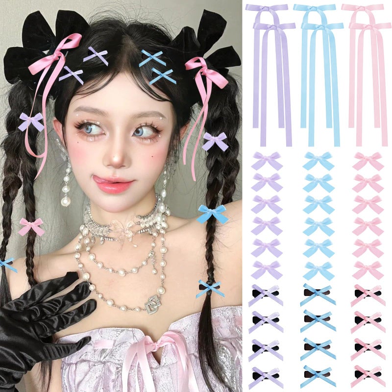 SAOROPEB Mini Hair Bows for Women Girls Cute Hair Clips Small Alligator Long Tail Hair Ribbon Accessories -3 Styles -36P - Blue Pink Purple - Image 1