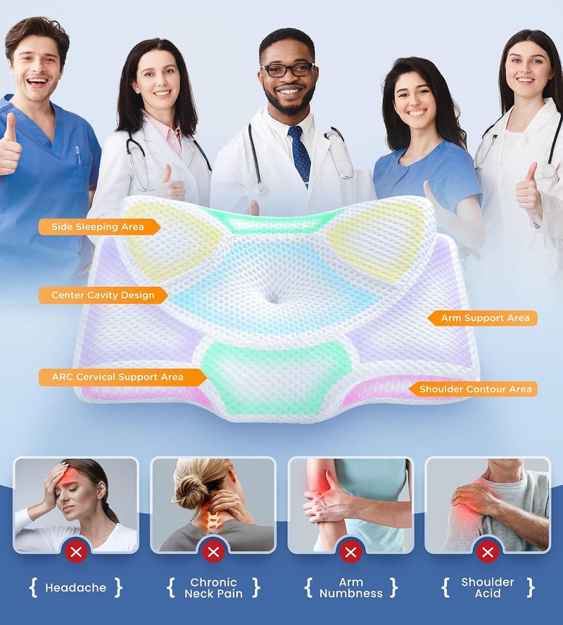 أوستيو وسادة عظمية لعنق Osteo لتخفيف آلام العنق، تصميم مجوف، وسائد من الرغوة الذاكرة بدون رائحة مع حقيبة تبريد، وسادة سرير طبية قابلة للتعديل للنوم، دعم متناسق لمستخدمي النوم على الجانب أو الظهر أو البطن - Image 3