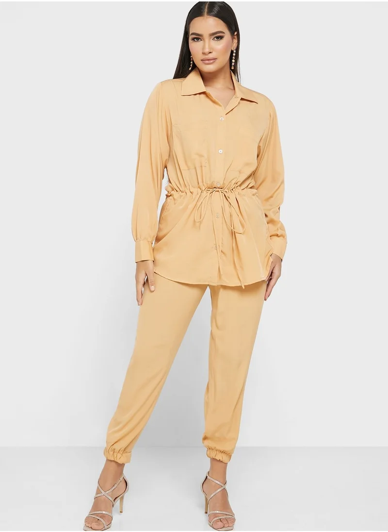 hayas closet Ruched Tie Detail Shirt & Pants Set