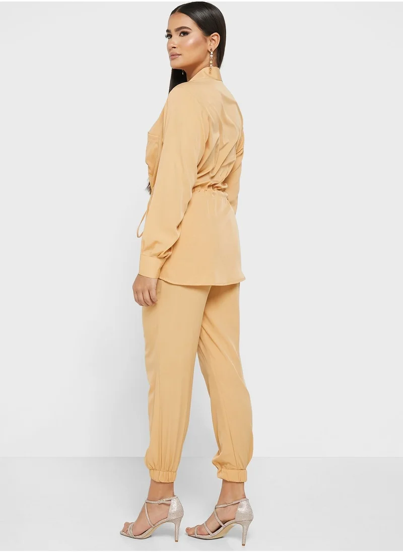 hayas closet Ruched Tie Detail Shirt & Pants Set