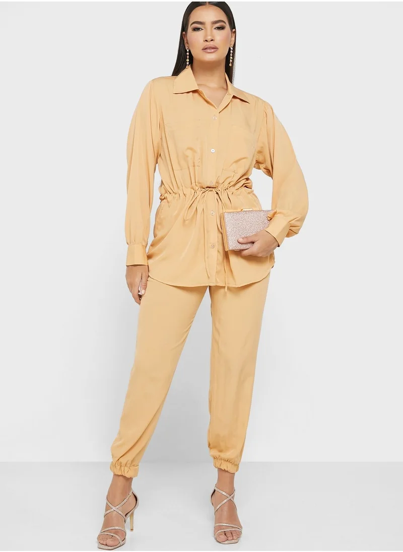 hayas closet Ruched Tie Detail Shirt & Pants Set