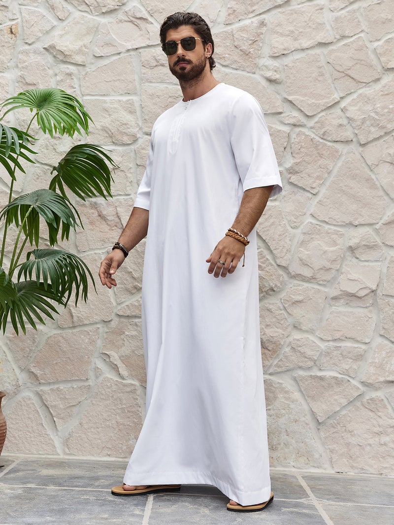Casual Men's Simple Solid Color Round Neck Zipper Short Sleeve Shirt  Thobe - Image 3