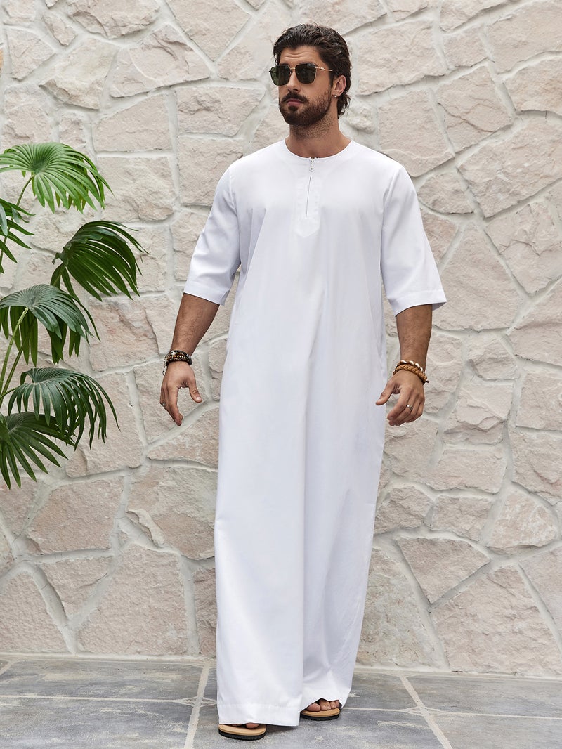 Casual Men's Simple Solid Color Round Neck Zipper Short Sleeve Shirt  Thobe - Image 2