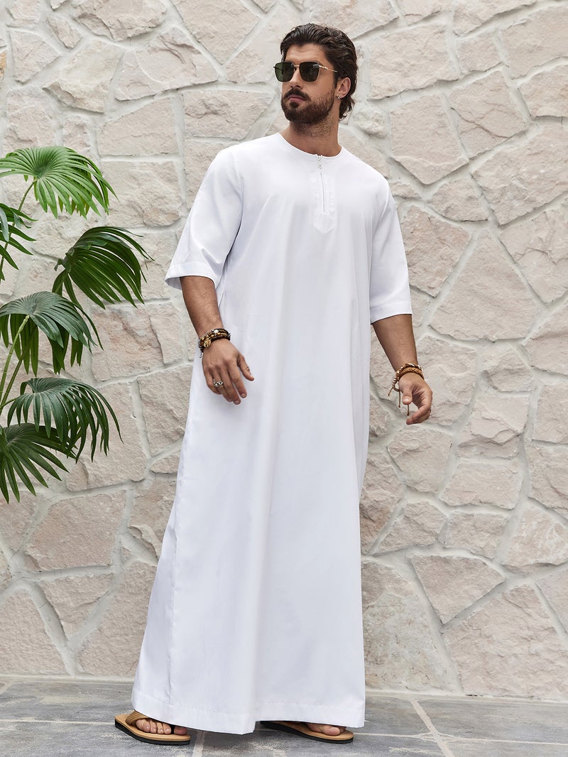 Casual Men's Simple Solid Color Round Neck Zipper Short Sleeve Shirt  Thobe - Image 5