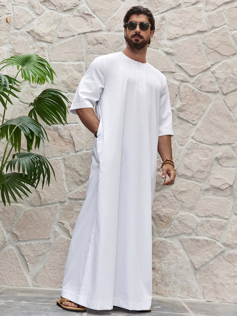 Casual Men's Simple Solid Color Round Neck Zipper Short Sleeve Shirt  Thobe - Image 1