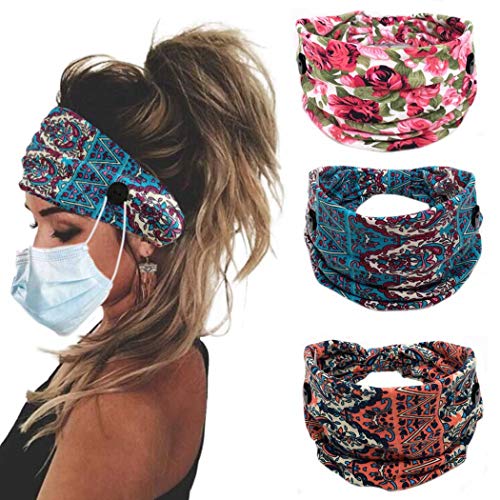 Bohend Boho Button Headband Wide Stretchy Daily Use Knotted Headwear Sport Athletic Yoga Gym Hair Accessories for Women and Girls(3pcs) (A) - Image 1